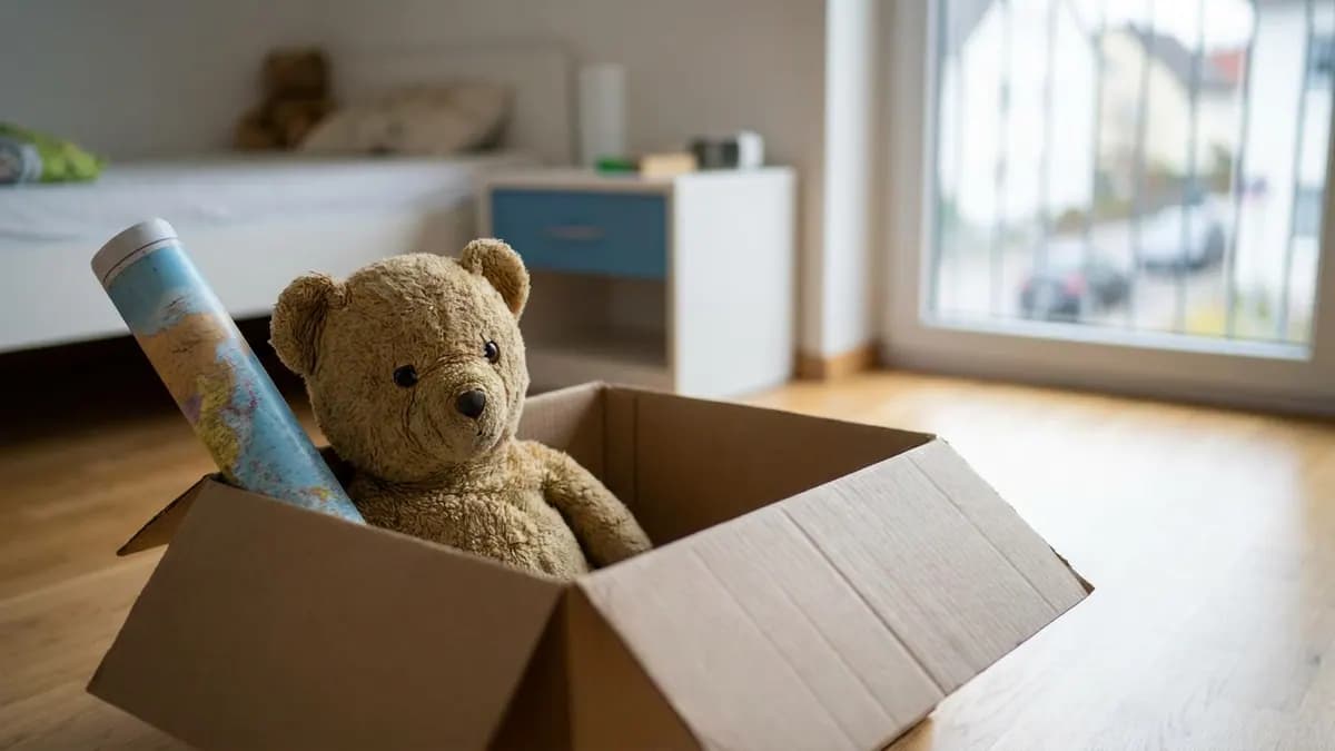 A teddy bear and map packed in a moving box, illustrating a child relocation dispute