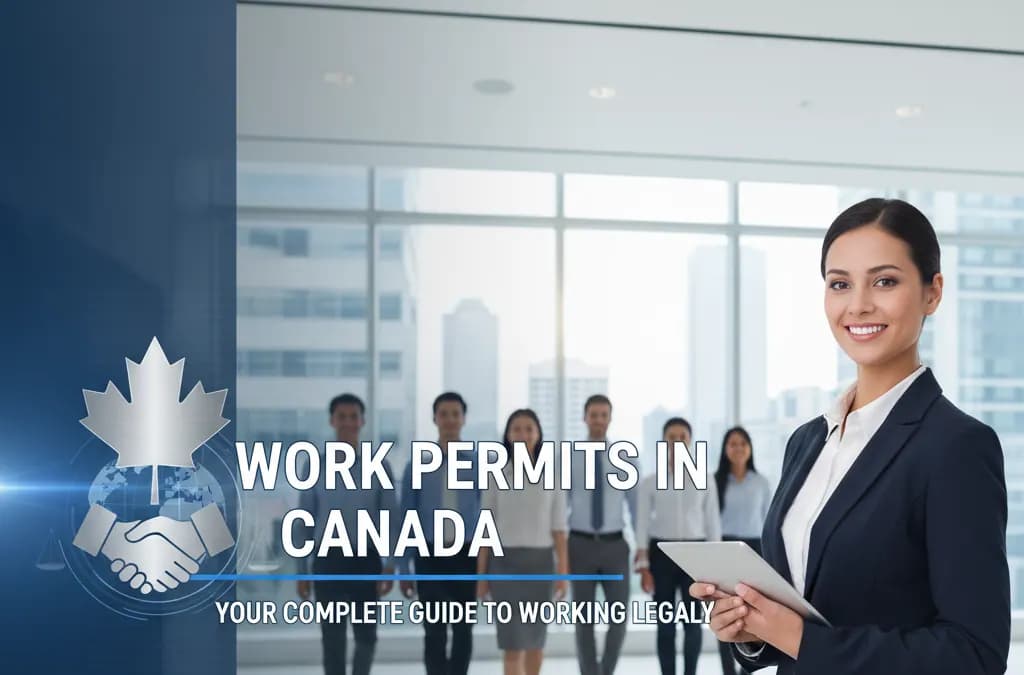 Un professionnel tenant un permis de travail canadien devant la silhouette floue de Vancouver.