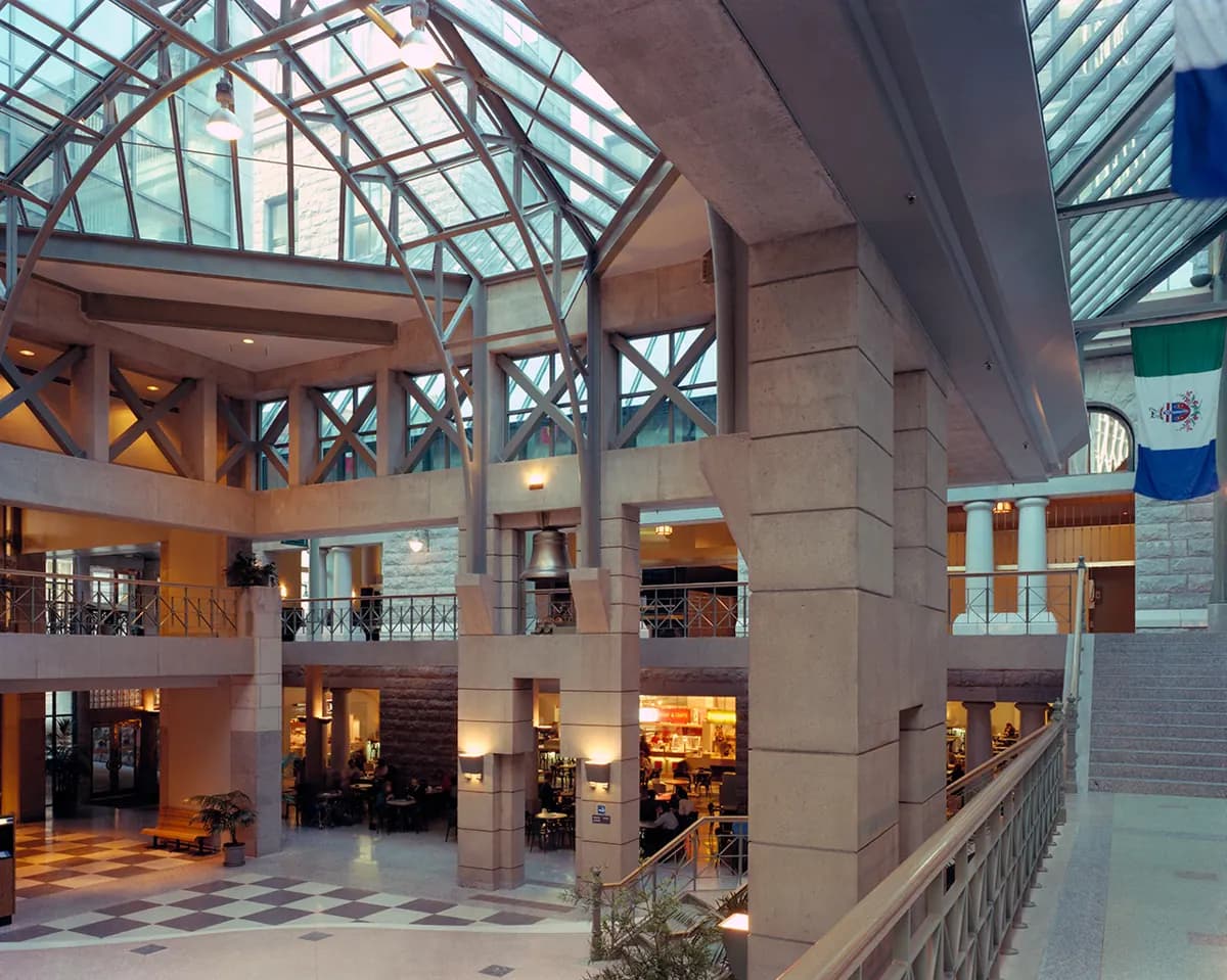 The glass-roofed interior atrium of Sinclair Centre