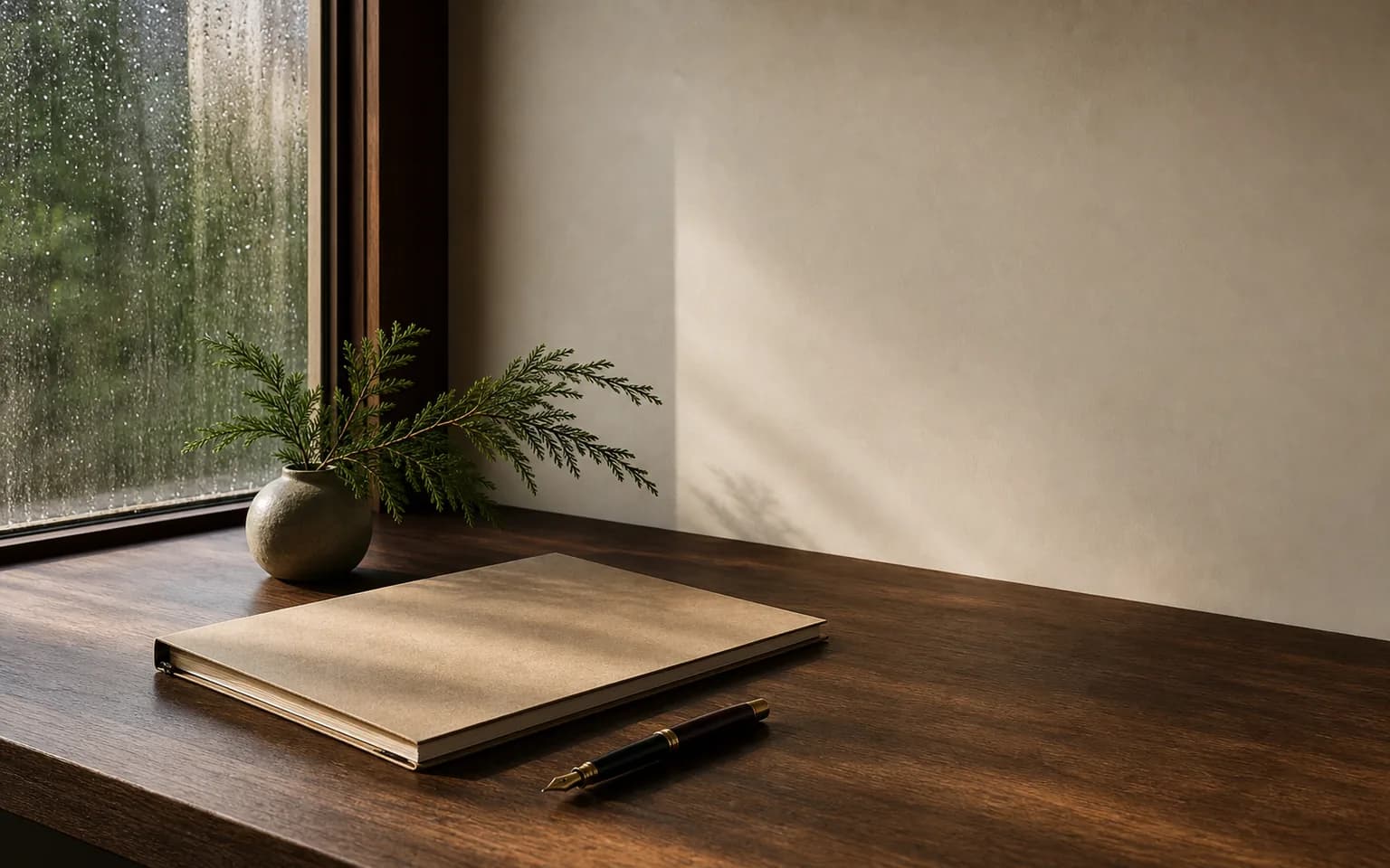 An unmarked archival folder, fountain pen, and evergreen branch beside a rain-softened window