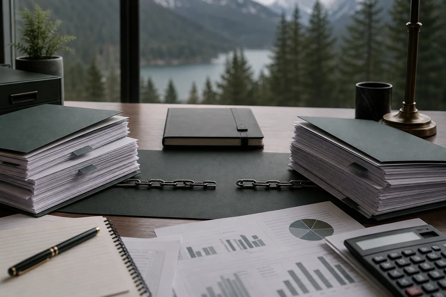 A broken evidence chain between legal files illustrating causation and loss in a negligence claim