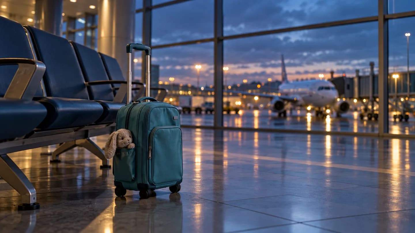 A small child's suitcase beside empty airport seats at dusk