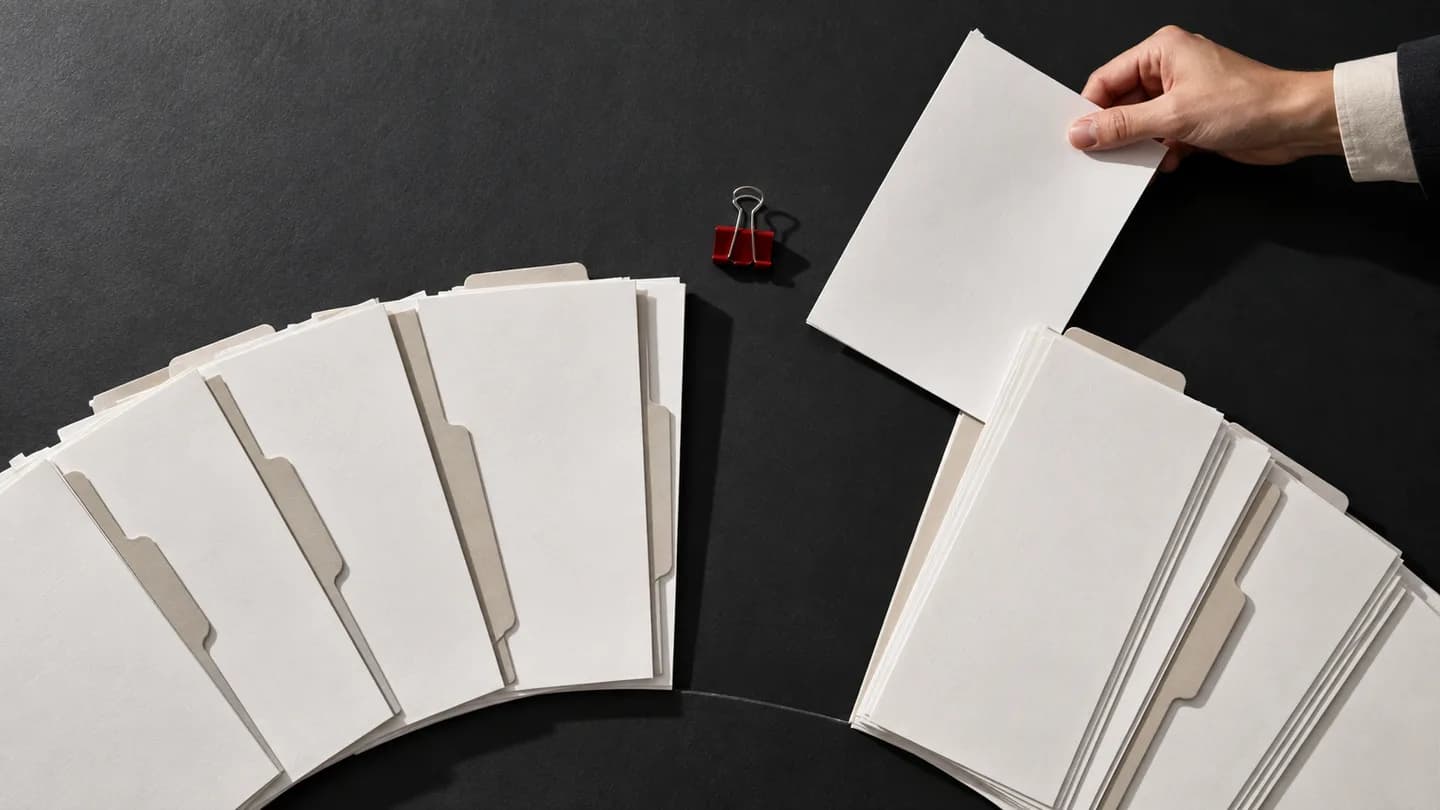 An overhead view of an incomplete set of financial papers, with a hand adding a sheet