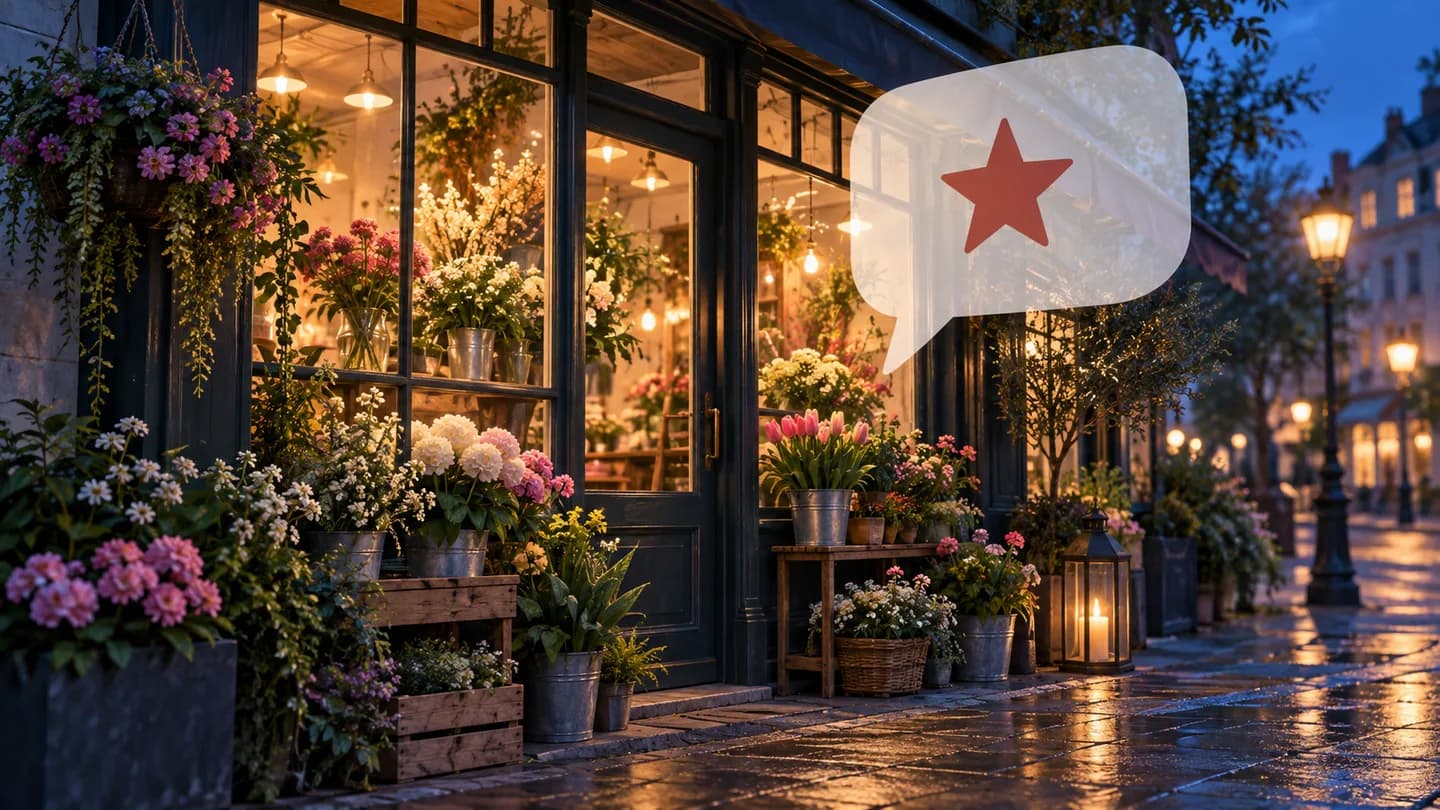 تصویرسازی از یک گلفروشی خیالی همراه با نماد یک نظر اینترنتی