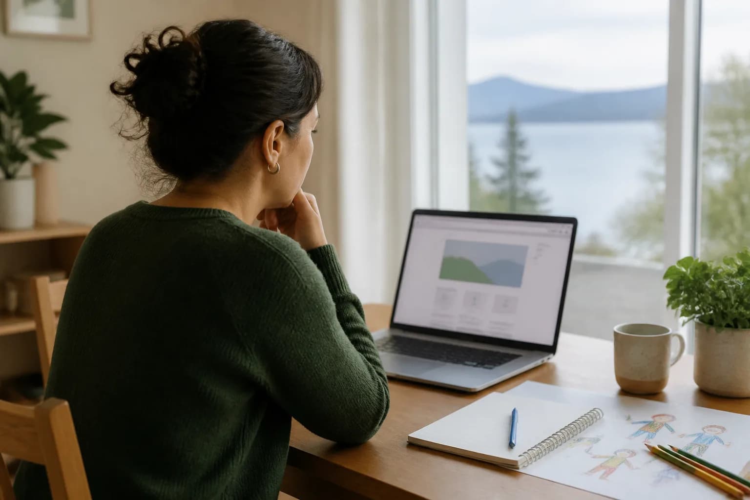 A parent using an online family resource at home, illustrating access to separation information in French