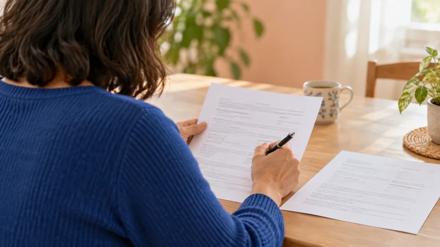 A person seen from behind carefully reviewing application paperwork