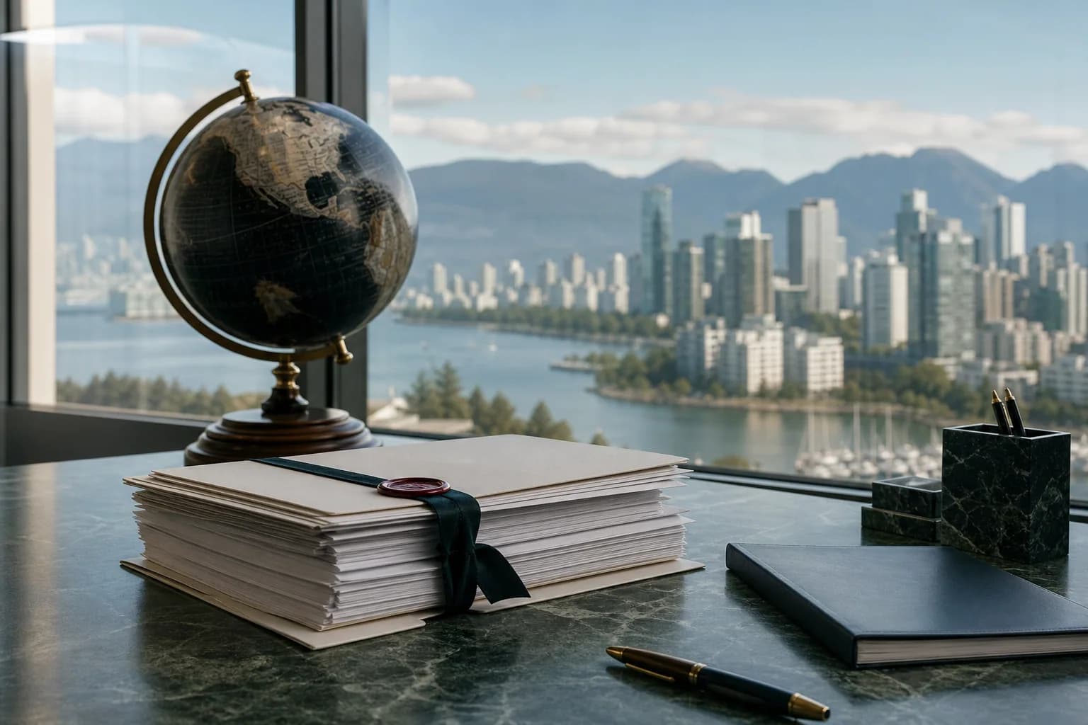 International legal documents in a Vancouver office illustrating recognition of a foreign judgment