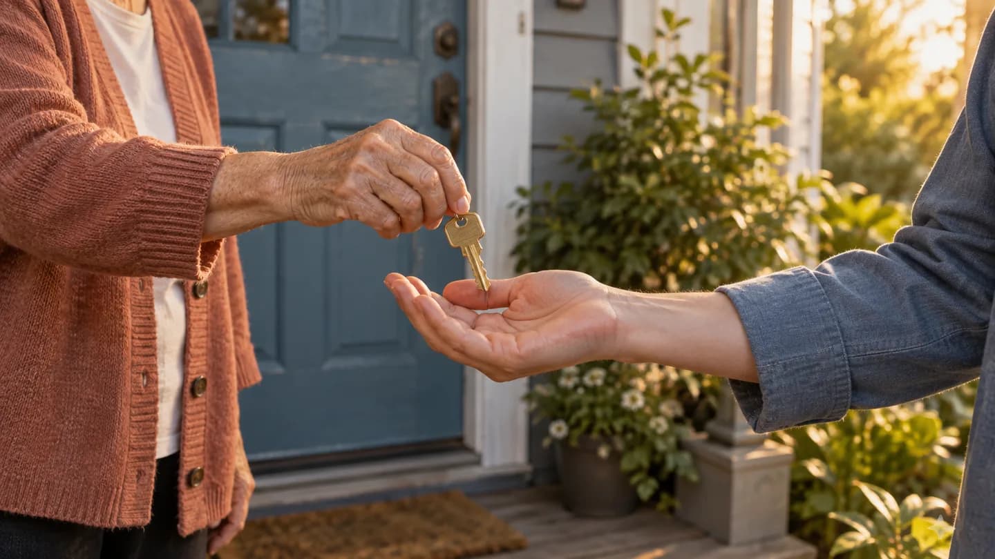 An older parent's hand passing a house key to their adult child at a doorway