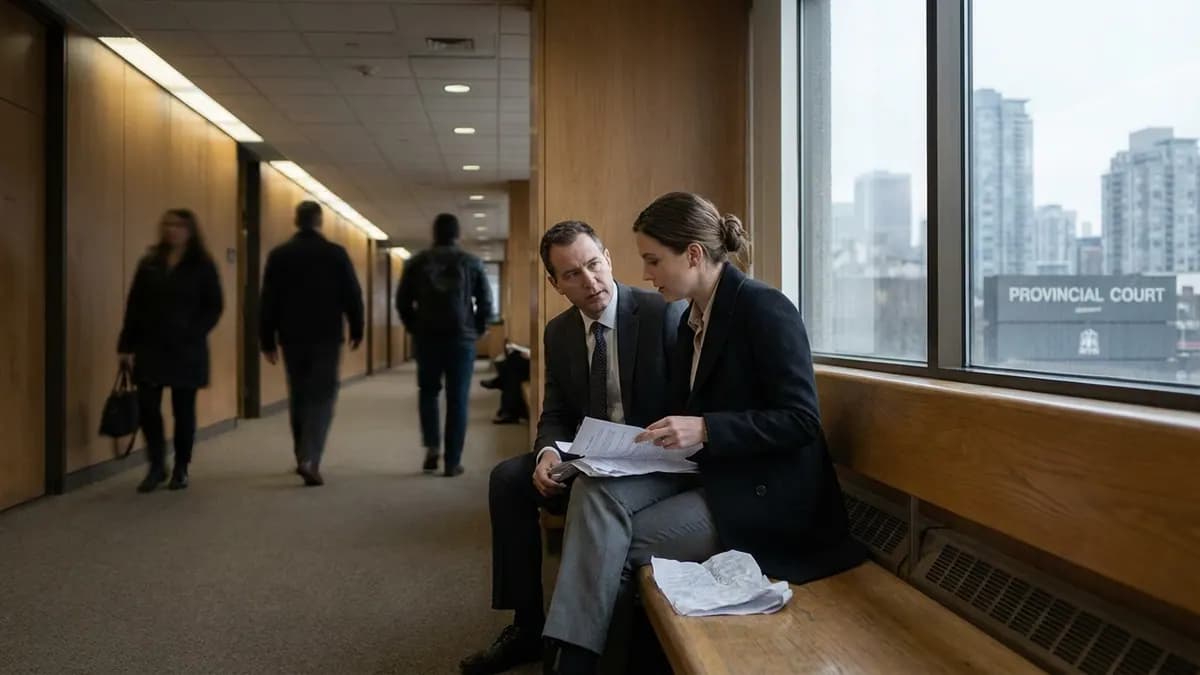 چکش عدالت و کتابهای قانون روی میز چوبی با دورنمای شهر ونکوور از پنجره.