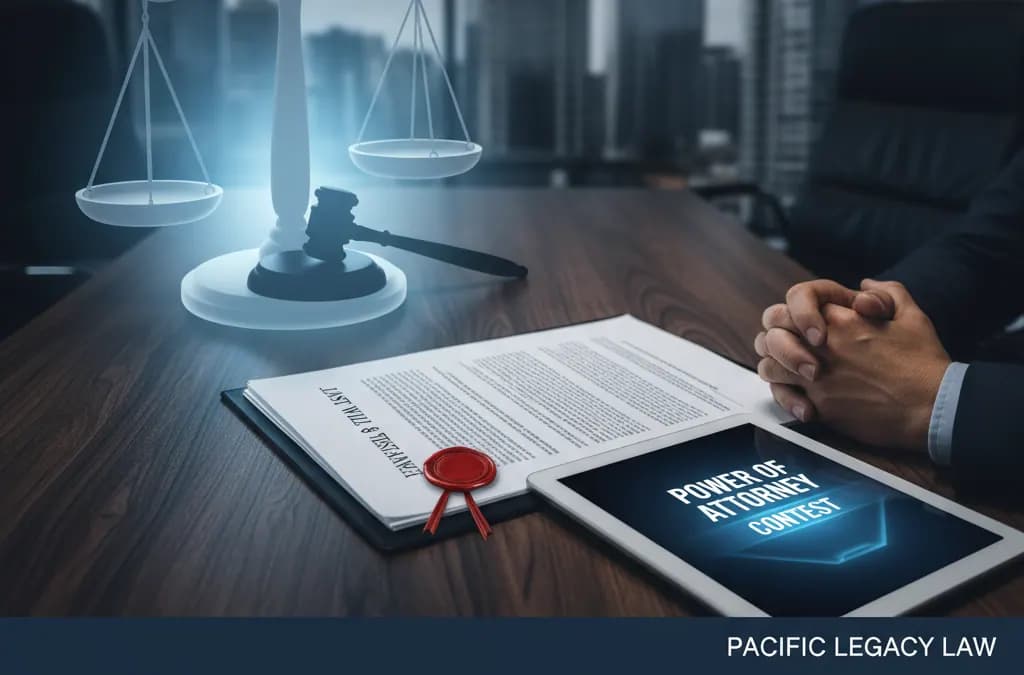 یک چکش عدالت چوبی روی اسناد قانونی در کنار یک خودنویس و عینک.