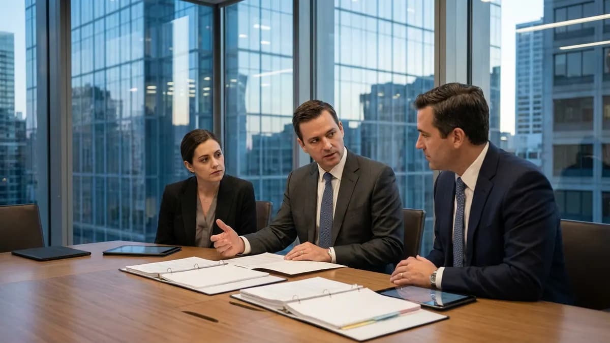 Un marteau de justice posé sur un contrat immobilier devant un chantier.